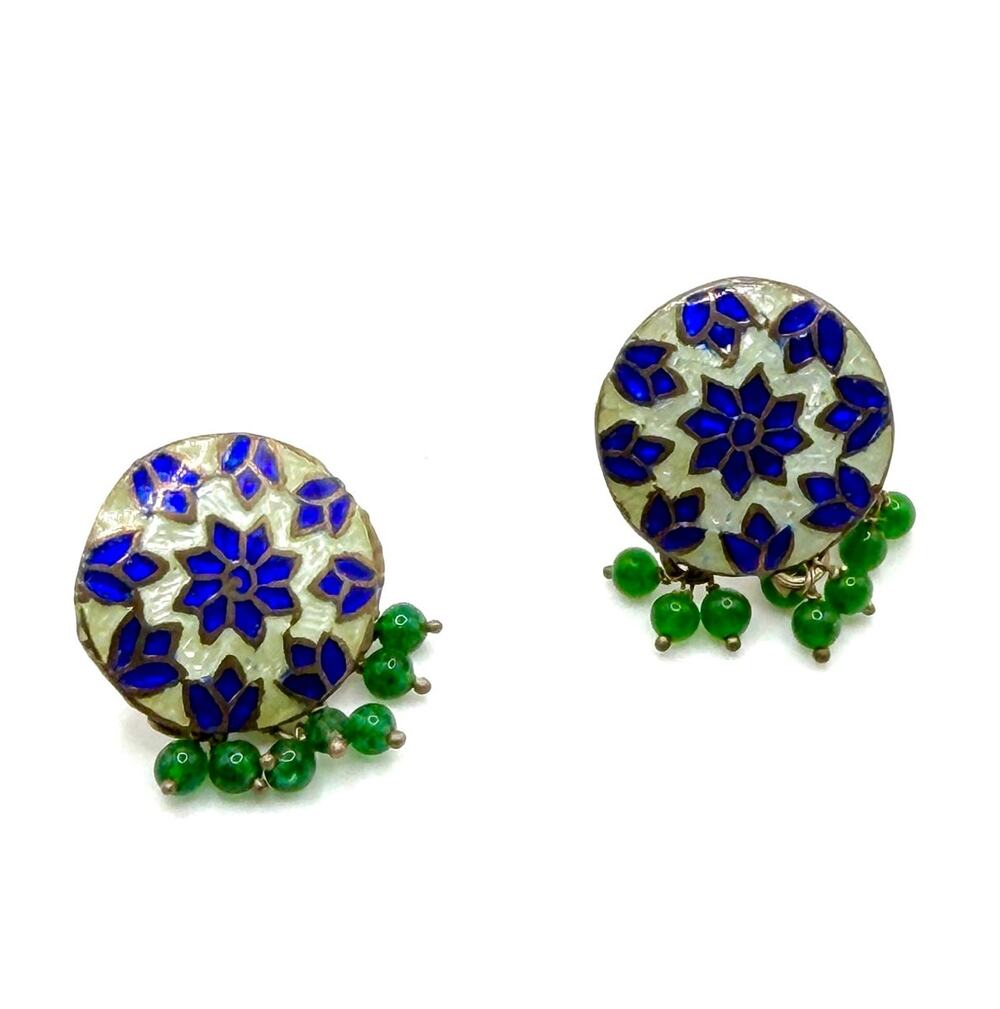 Vintage 90s Blue Green Enamel Stamped Sterling Silver India Stud Drop Earrings
